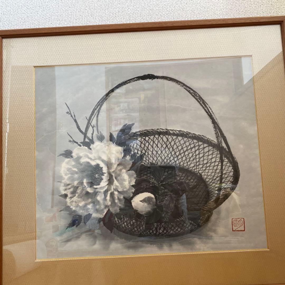 穐月明　籠の牡丹　日本画 穐月 明 「 籠の牡丹 」 墨彩画 F6 (6号 ) 絵画 日本画 手書き 肉筆