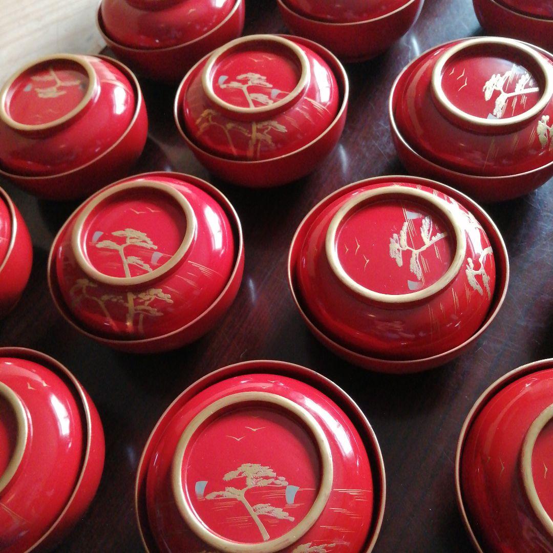 木製漆器　朱塗松林画蓋付椀　20客　12.6cm　大正期　【やや小カケ多め】