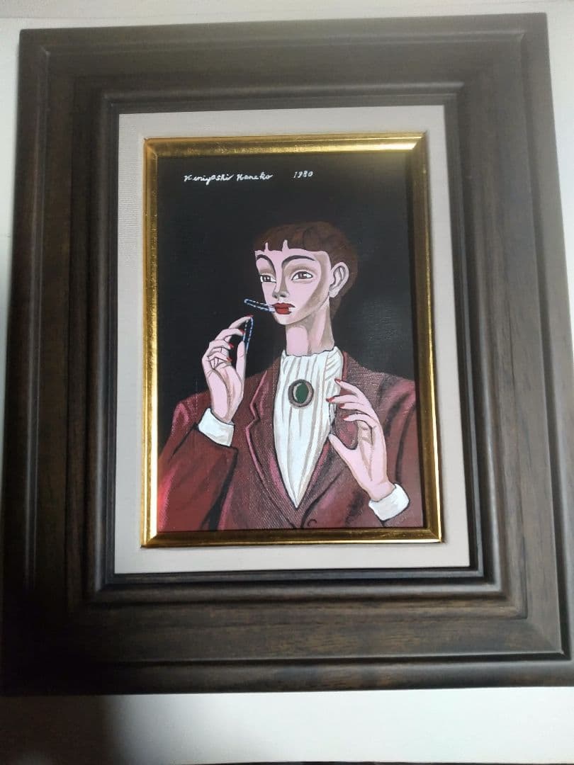 金子國義、絵画、油彩、SM号、ピンオを噛む女、高級額縁、肉筆、鴨居玲、宮永岳彦。