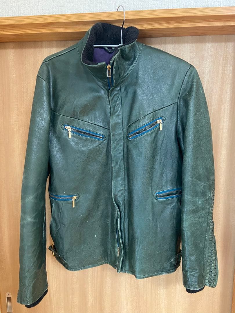 アバハウス　ダークグリーン レザー シングルライダースジャケット　Y2K ABAHOUSE GRAY 革ジャン ライダース 「展開店舗限定」ネオレザー