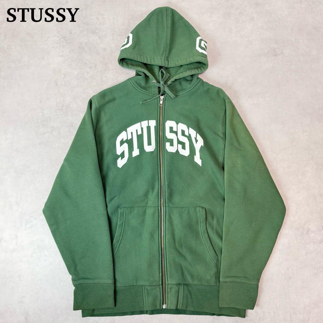 y2k STUSSY アーチロゴ ジップパーカー サンフェード グリーン L