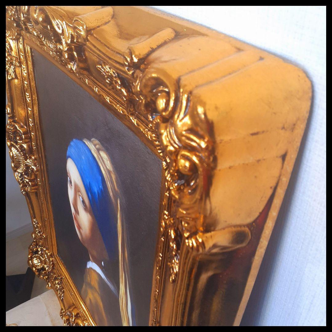 フェルメール作品　絵画　『真珠の耳飾りの少女』　良質キャンパス　豪華　金箔額縁付