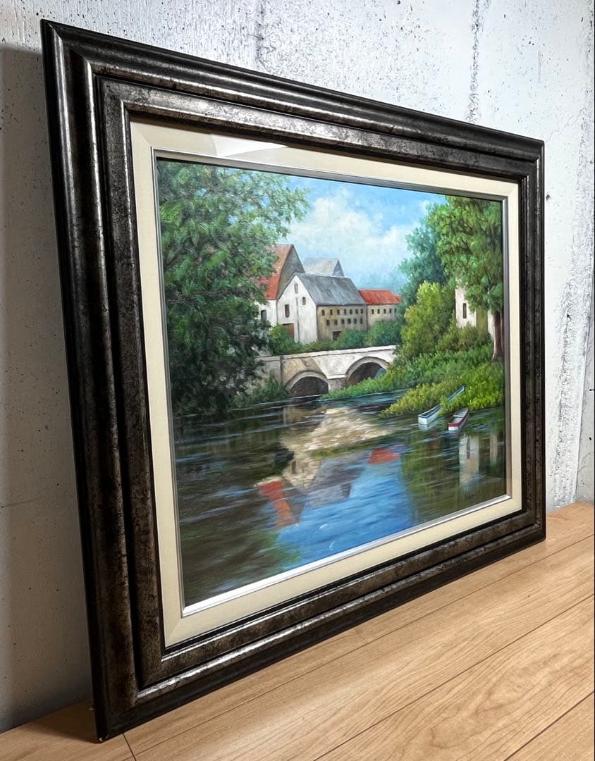 風景画 油絵 油彩 肉筆 「Marris」サイン有り / 池 メガネ橋 ボート