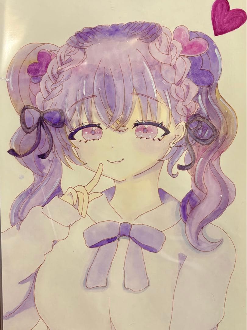 手描き 水彩 女の子 イラスト 原画 水彩紙 オリジナル かわいい