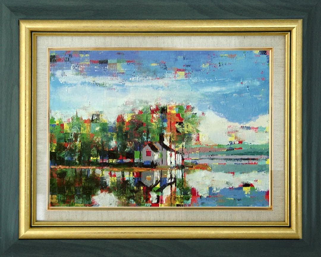 油絵 菅家令子 絵画インテリア額付(青緑＋金色の枠) uF6-062403 風景