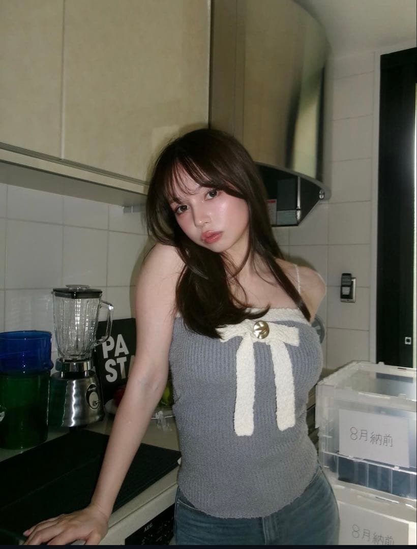 トップス andmary Bicolor ribbon tops color white