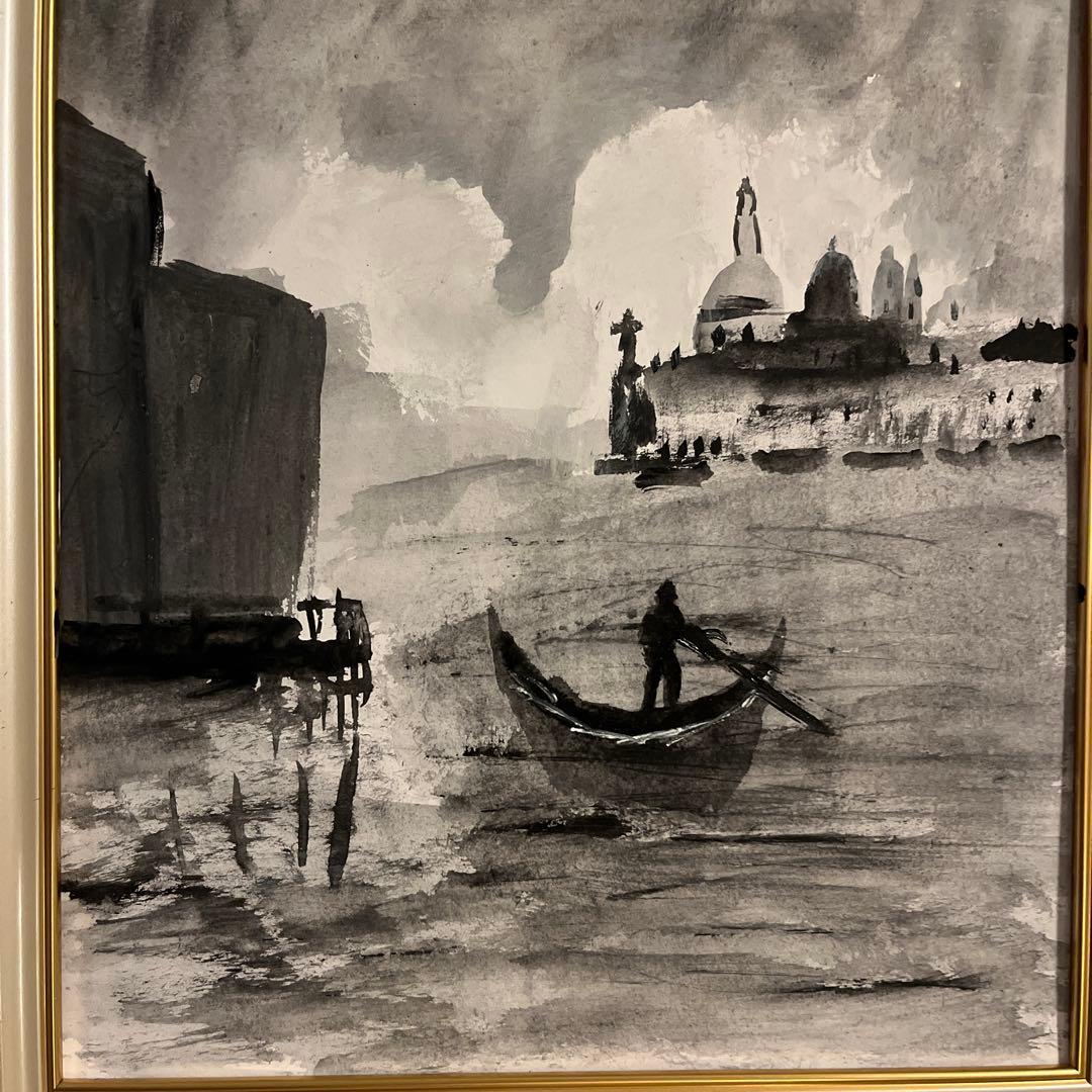 水彩画 風景画 モノクロ 金色フレーム27cm25cm 花の咲く路地01」透明水彩画 原画 風景画 額縁付 F4サイズ 絵画 Oni