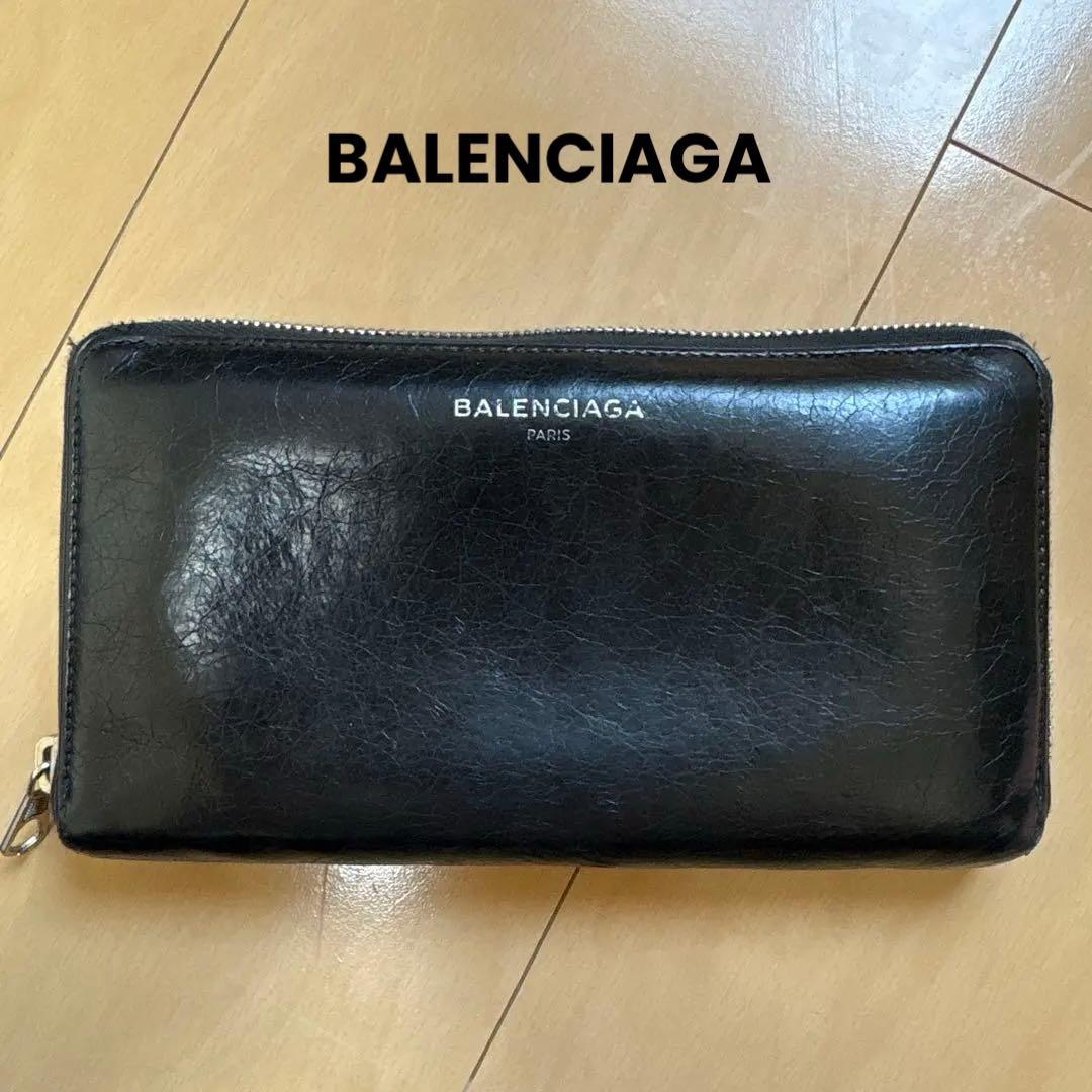 [BALENCIAGA] ラウンドファスナー ブラック レザー ロゴ BALENCIAGA（バレンシアガ） ラウンドファスナー長財布 CRUSH