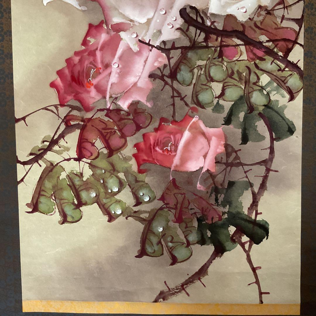 【 李 源 海 】 筆 絹本掛軸 彩色画 《 薔薇之図 》 軸先大理石