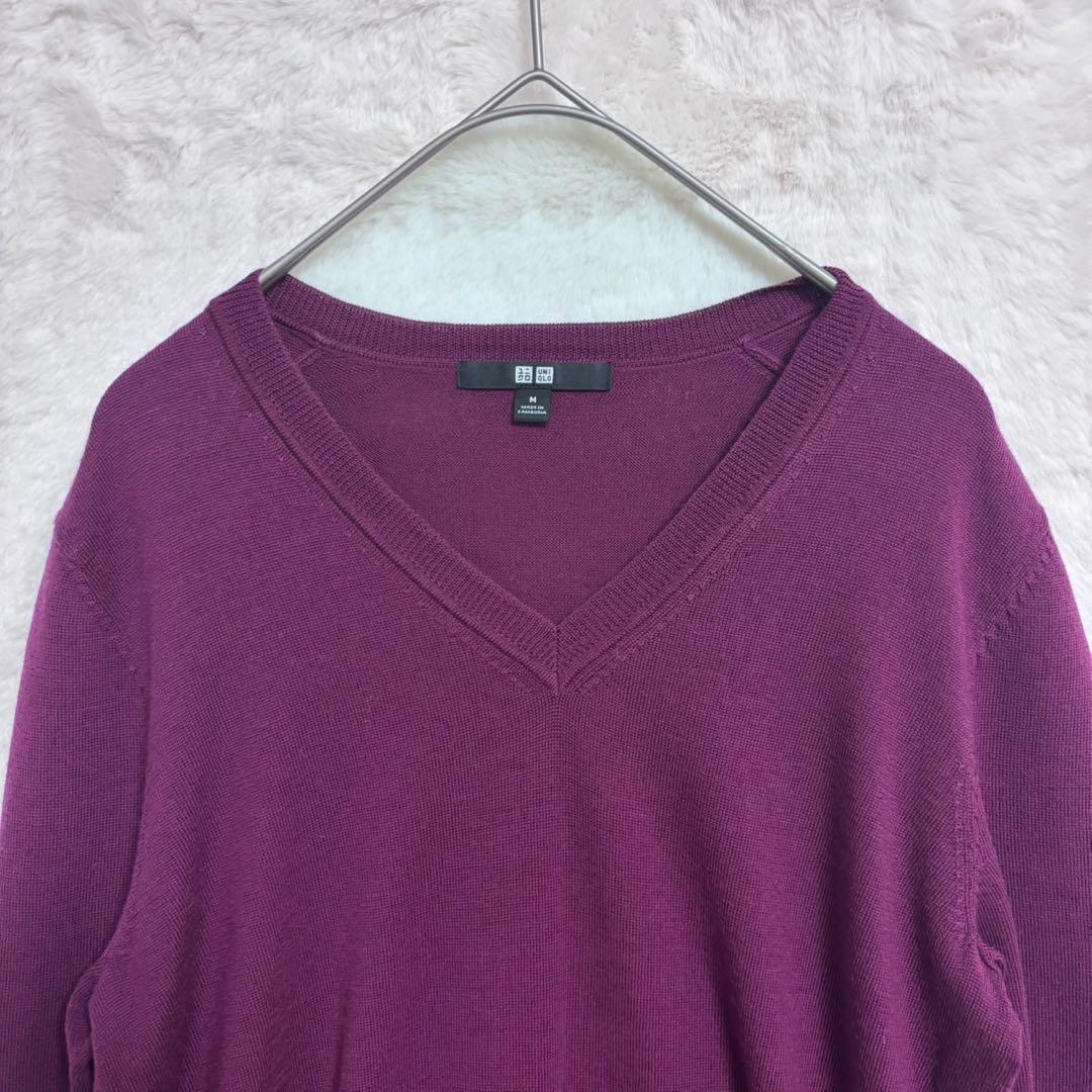 美品 UNIQLO M パープル エクストラファイン メリノ Vネックセーター