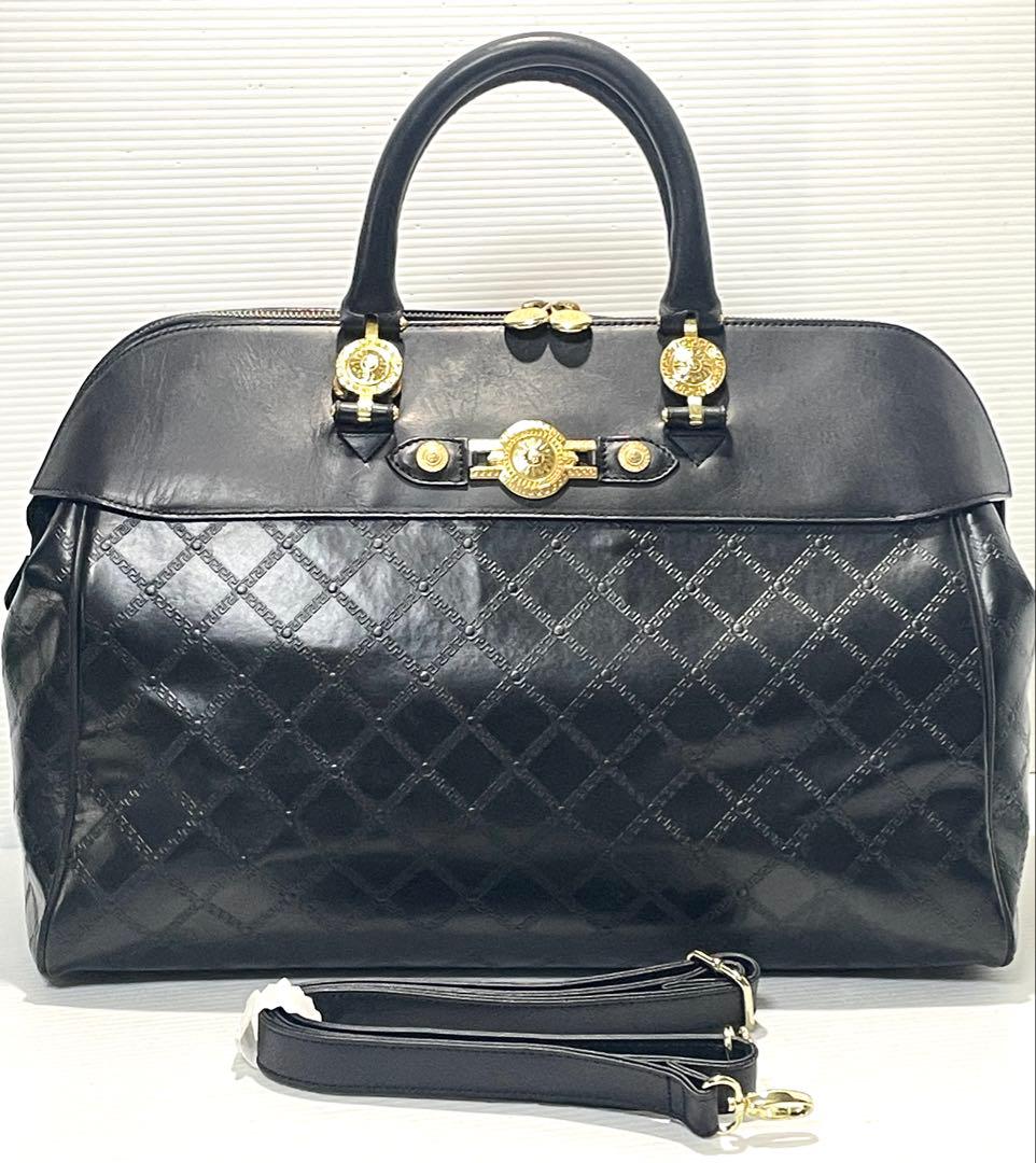 ヴェルサーチェ ハンドバッグ ボストンバッグ 2way ロゴ型押し黒 ゴールド