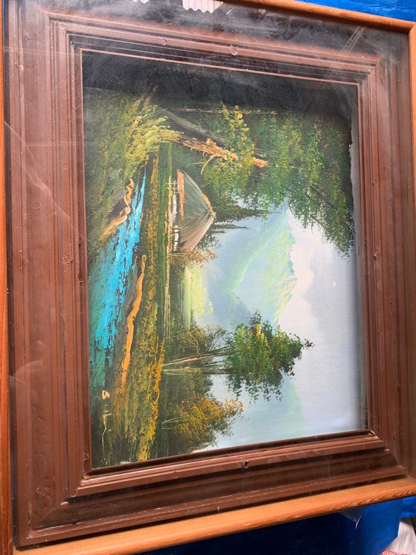 風景画 油彩画 木製フレーム付き 風景油彩画 アンティーク な油絵金色フレーム付きビンテージ 日額