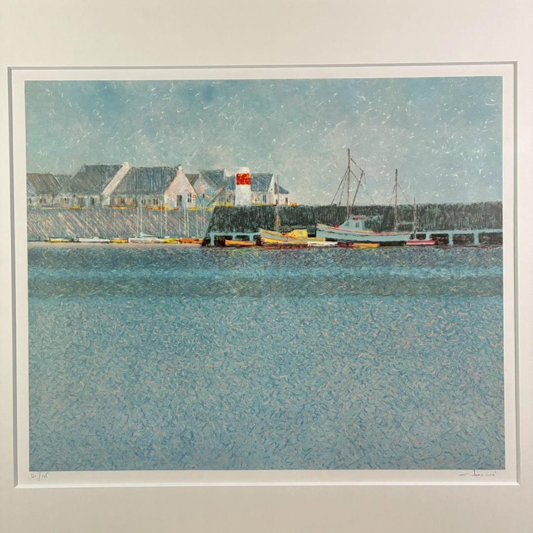 美品 アンドレ・ブーリエ「青いマリーナ」リトグラフ 直筆サイン入