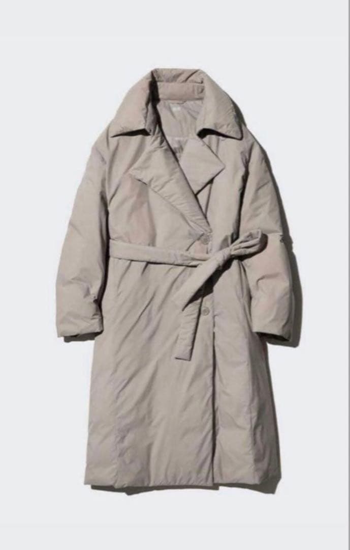未使用◇UNIQLO ベージュベルテッド ロングコート L オシャレ 新品未使用ユニクロ ダウンベルテッドロングコート黒Lサイズ 欧米特別