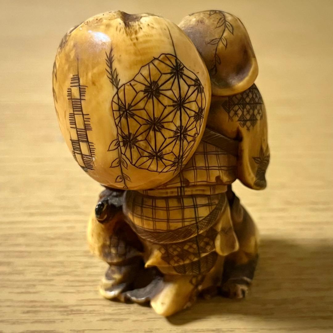 江戸期 大黒天と唐子 正之在銘 根付 高級 🌼 天然素材 細密彫刻