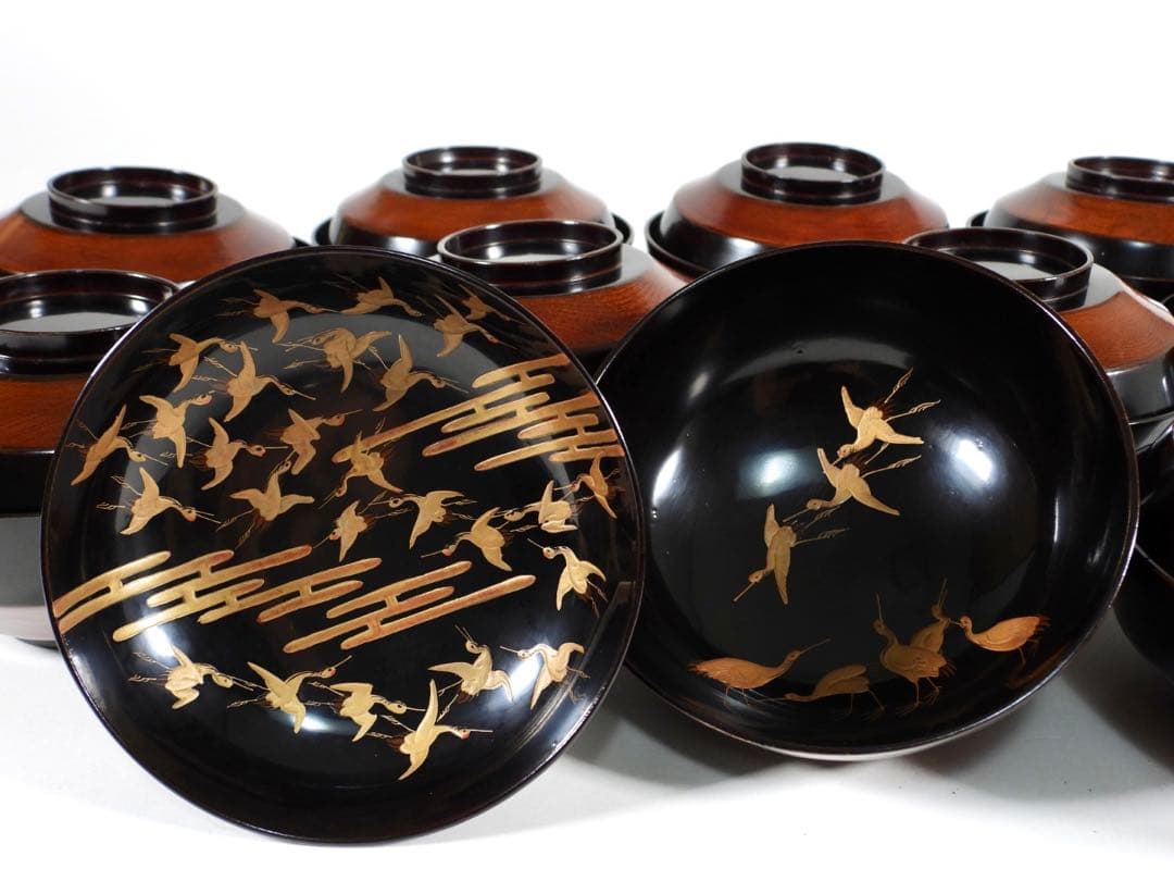 【ゆりかご】金蒔絵 千羽鶴 黒塗煮物椀 10客 木製漆器 天然木