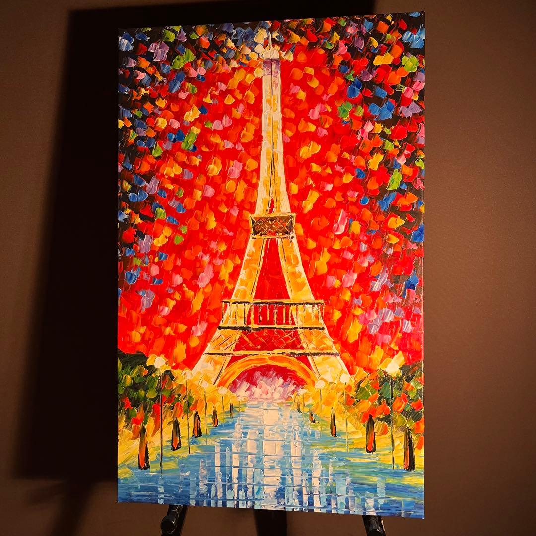 手書き油絵 パリの風景 エッフェル塔 額付 肉筆絵画 インテリア 油彩画
