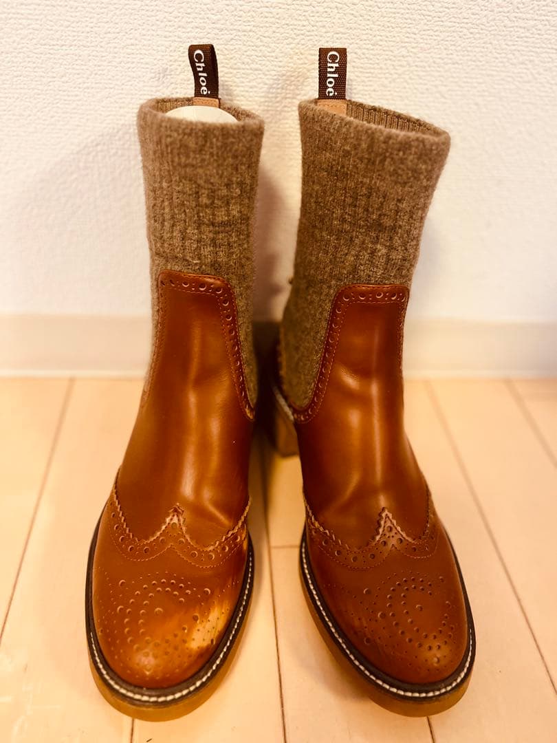 1/25まで【Chloé】クロエブロックヒールレザー&ウールブーツ サイズ38