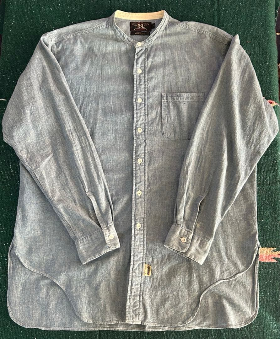 RRLシャンブレーシャツ　ノーカラーシャツ　マチ付　Ｌ　ラルフローレン