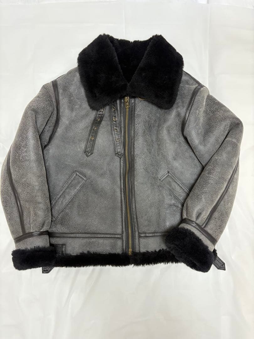 羊革　フライト　レザー　ムートン　B-3 ライダース　ジャケット　短丈　黒