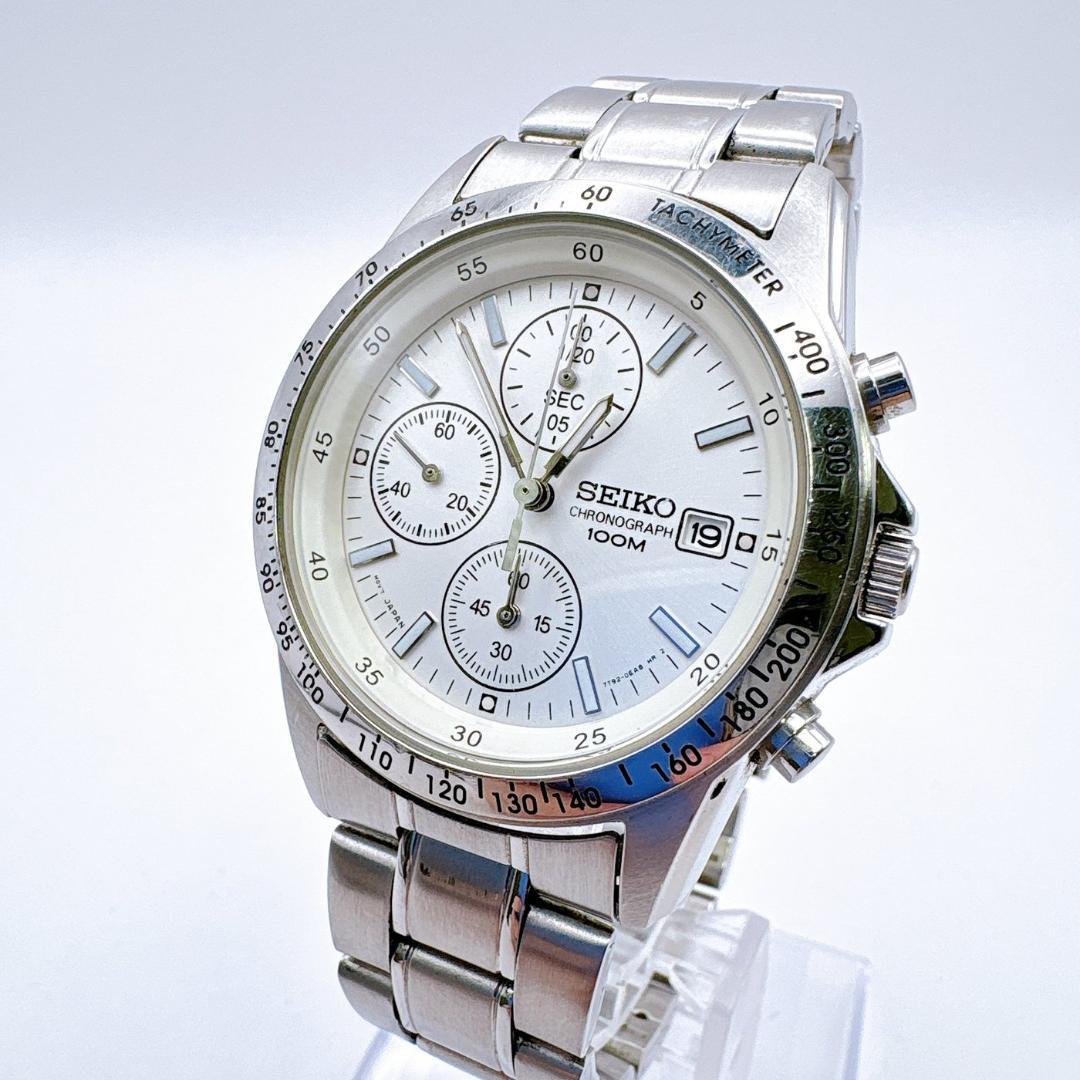 メンズ 腕時計 セイコー クロノグラフ 100M防水 ホワイト文字盤 稼働品