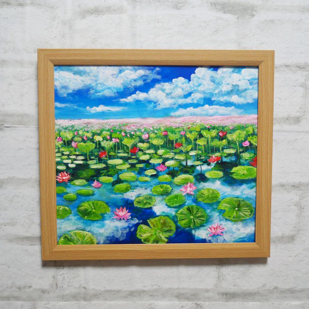 油絵 油彩 油彩画 絵 絵画 【水面映る蓮】