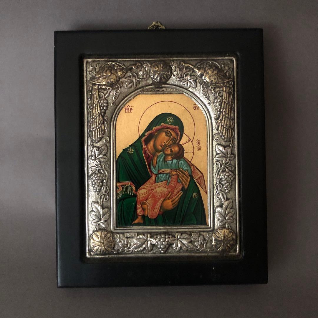 ビザンチン様式　ロシアイコン　聖母子像 レプリカ　木製フレーム 銀装飾