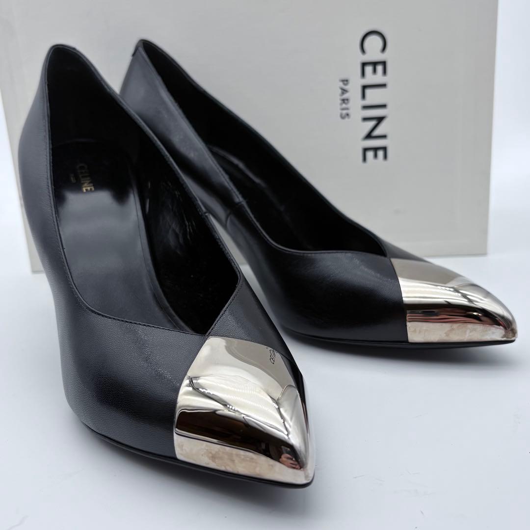 美品　CELINE エディ期　レザー　パンプス　メタルトゥ　ヒール　ポインテッド