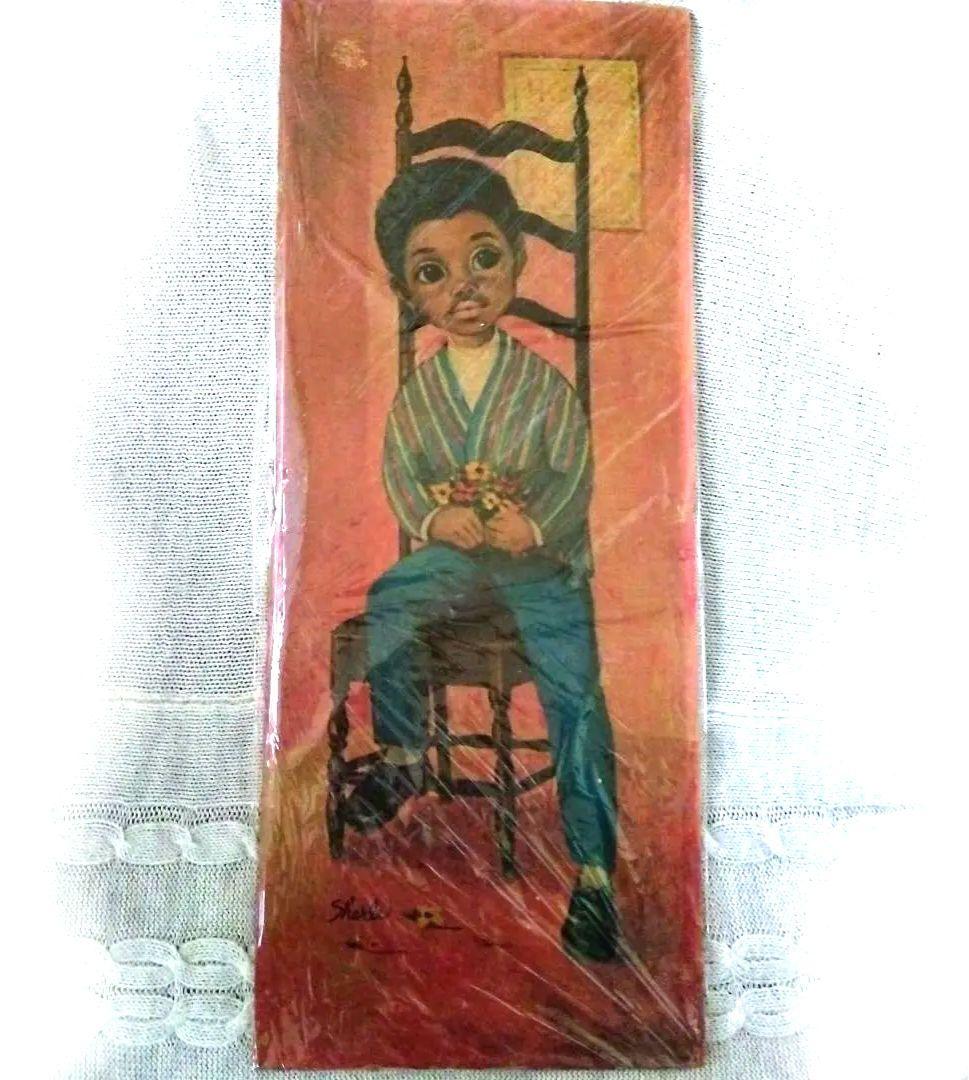 ✨ヴィンテージ✨絵画✨ビッグアイ黒人男の子 ビンテージ60's70's○EVEビッグアイアート壁掛け○240321j1-signアート