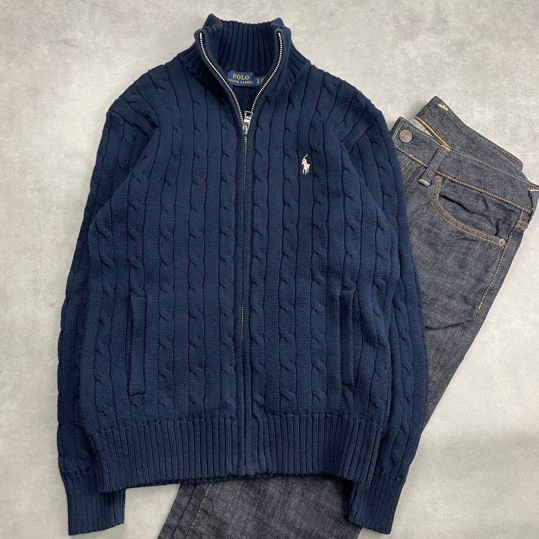 美品　ラルフローレン ケーブルニット ジップアップ ニット 白ポニー　ネイビー