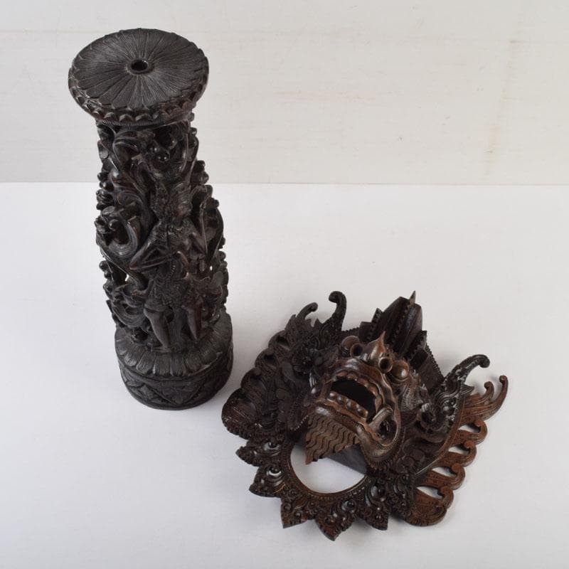 バリ島　インドネシア　木彫　ガルーダ　面　壁飾　置物　2点まとめて　N9064A バリ島 インドネシア 木彫 ガルーダ 面 壁飾 置物 2点まとめて N9064A