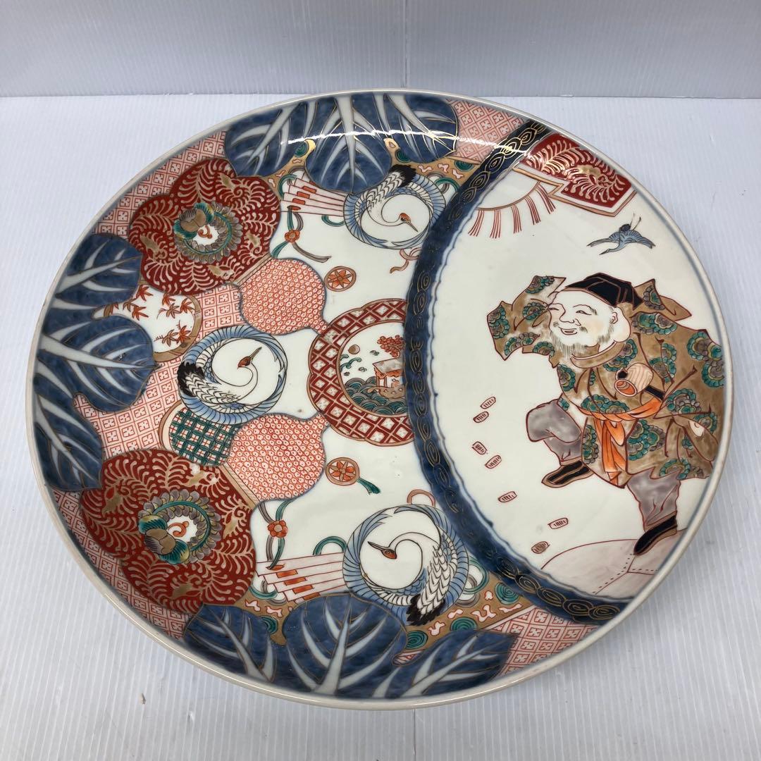 銘・角冨】古伊万里 金彩色絵 恵比寿・鶴文様 大皿 飾り皿 骨董品 尺一