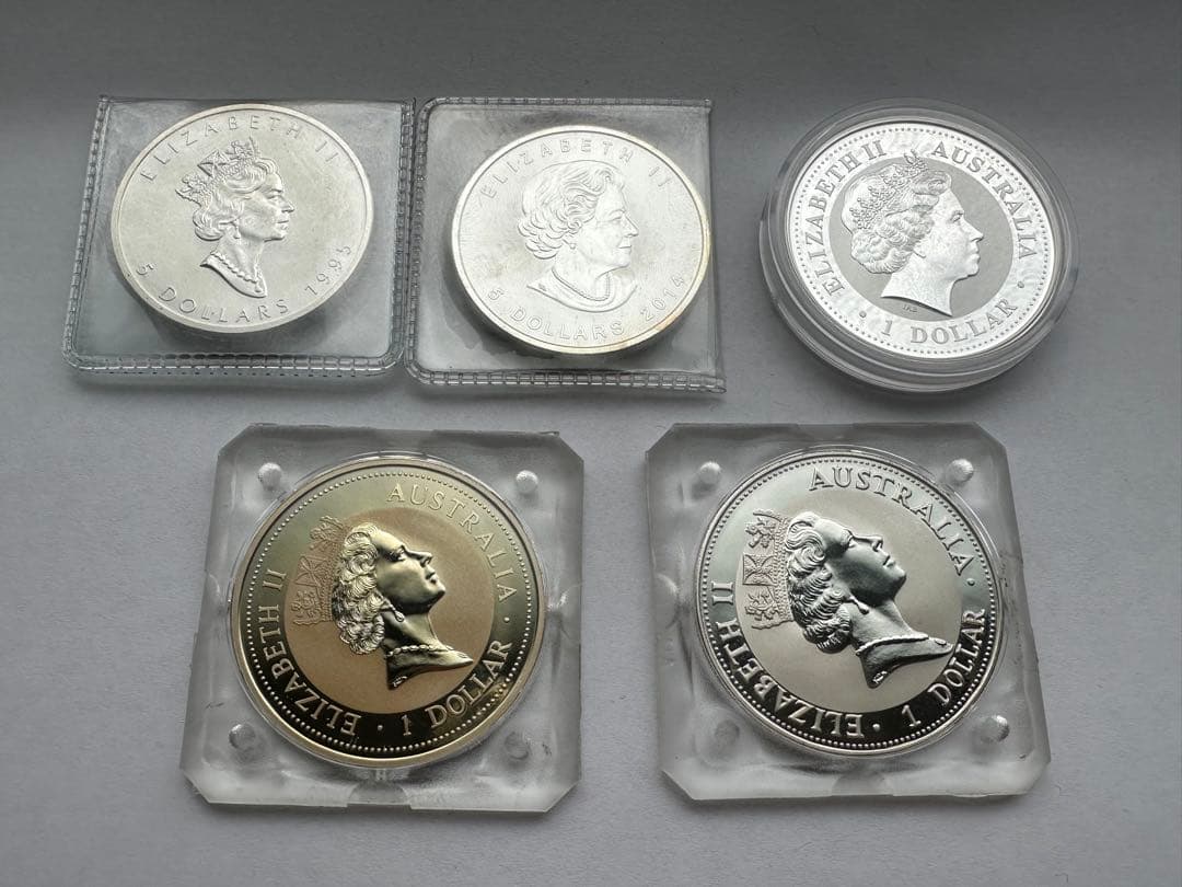 純銀　カナダ銀貨　オーストラリア銀貨　1OZ 9999純銀　銀貨5枚　希少