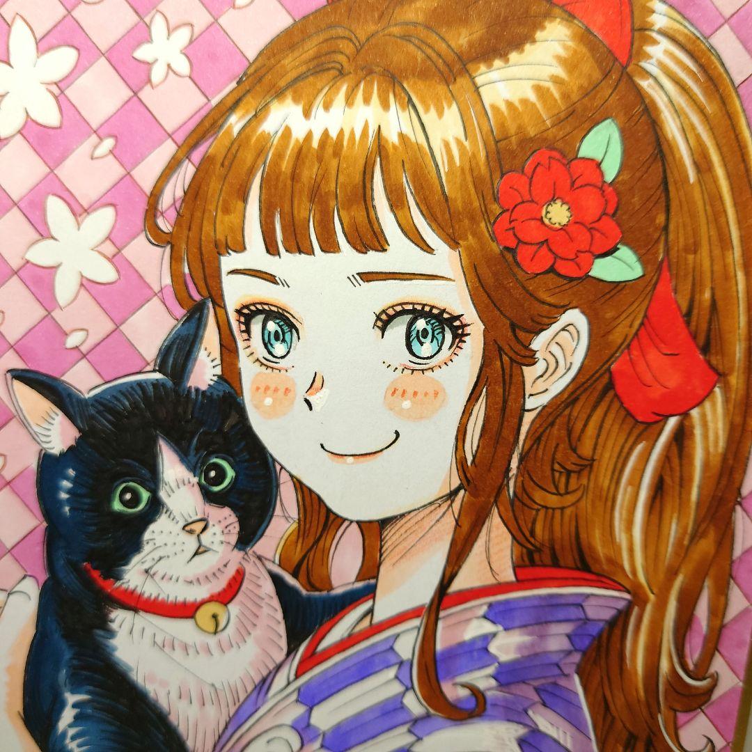 手描きイラスト 047】オリジナル色紙 「大正浪漫女学生とハチワレ猫と