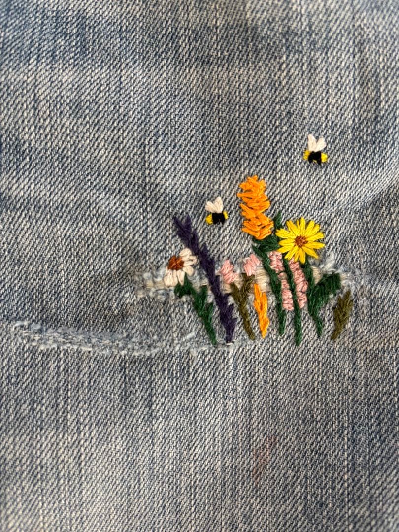 1/31まで価格】 45R 再び ライ麦デニム クロスビー5 ハッチとお花刺繍