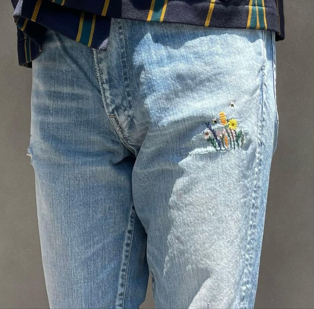 1/31まで価格】 45R 再び ライ麦デニム クロスビー5 ハッチとお花刺繍