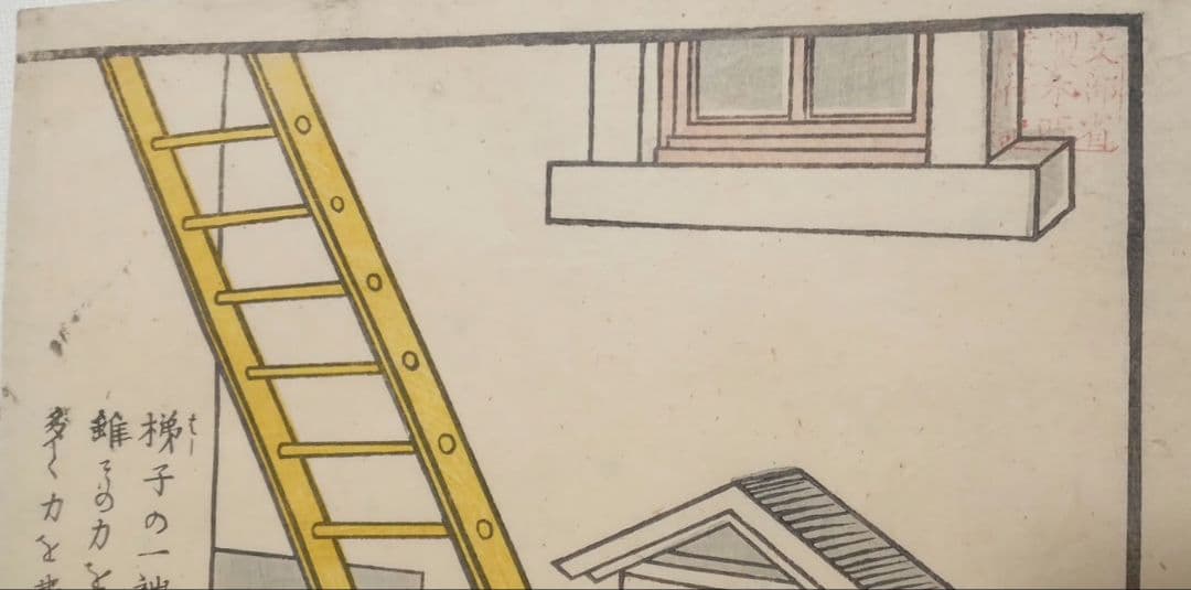 浮世絵版画、疎漏より出来する怪我文部省印あり梯子図文部省印あり二枚