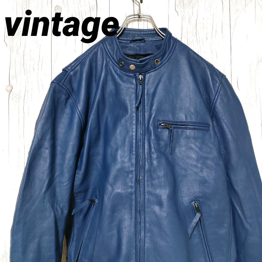 レザージャケット シングルライダース 本革 ラムレザー 羊革 青 XL