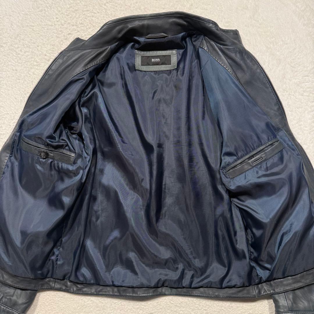 希少カラー ネイビー系 ヒューゴボス シングルライダースジャケット 羊