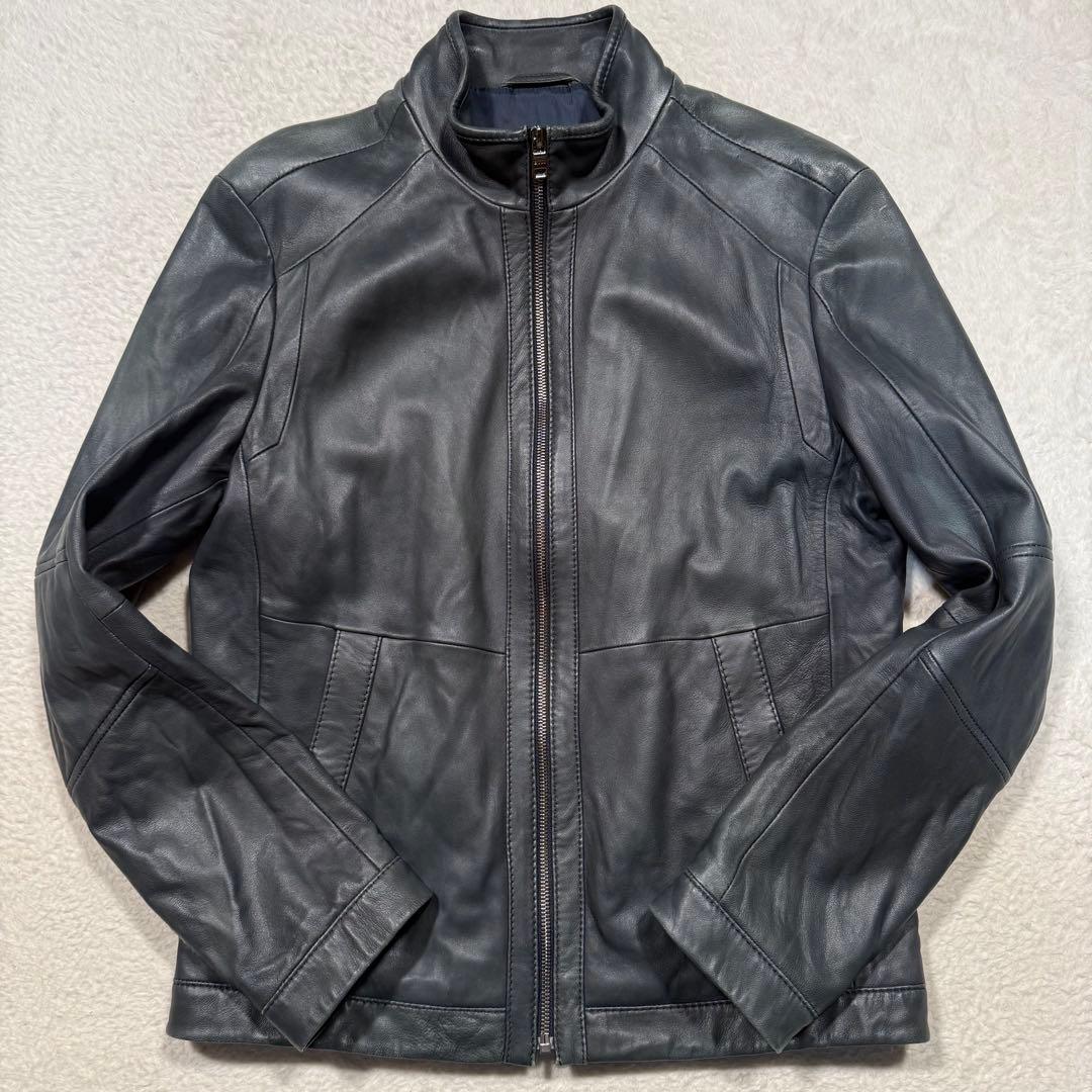 希少カラー ネイビー系 ヒューゴボス シングルライダースジャケット 羊