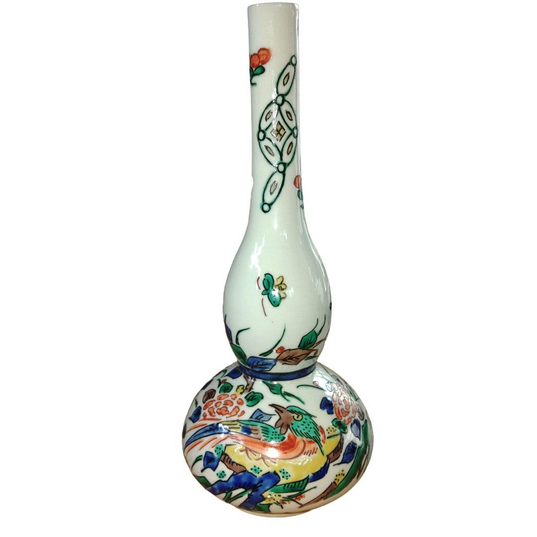 九谷焼　角福　鳥草花文瓢箪形花瓶 九谷焼】色絵梅樹文 瓢箪型花瓶｜九谷仙龍作｜昭和期｜赤・金・白の梅