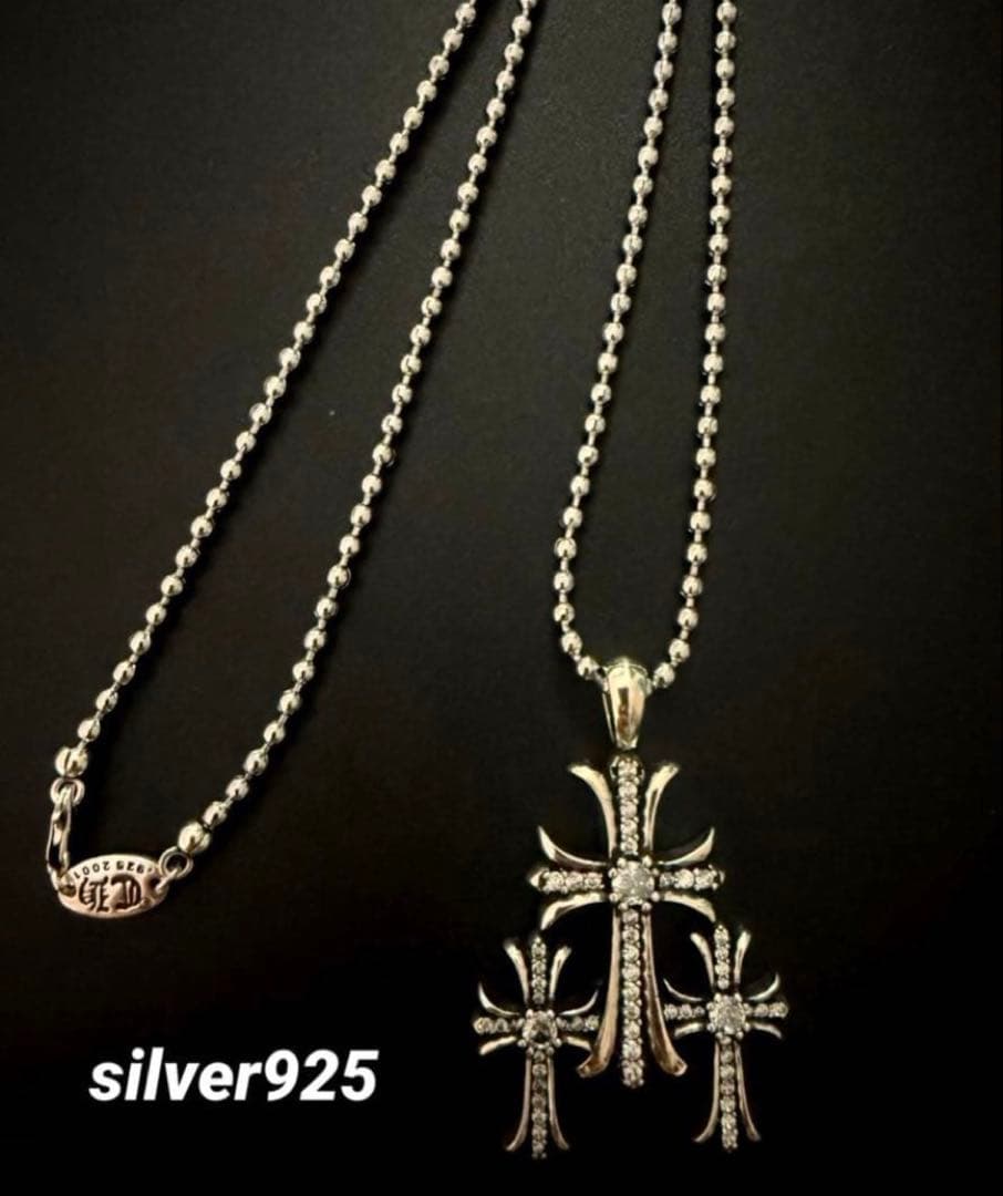 silver925 ダイヤ　トリプルクロス　ボールチェーンネックレス　ラスト1点