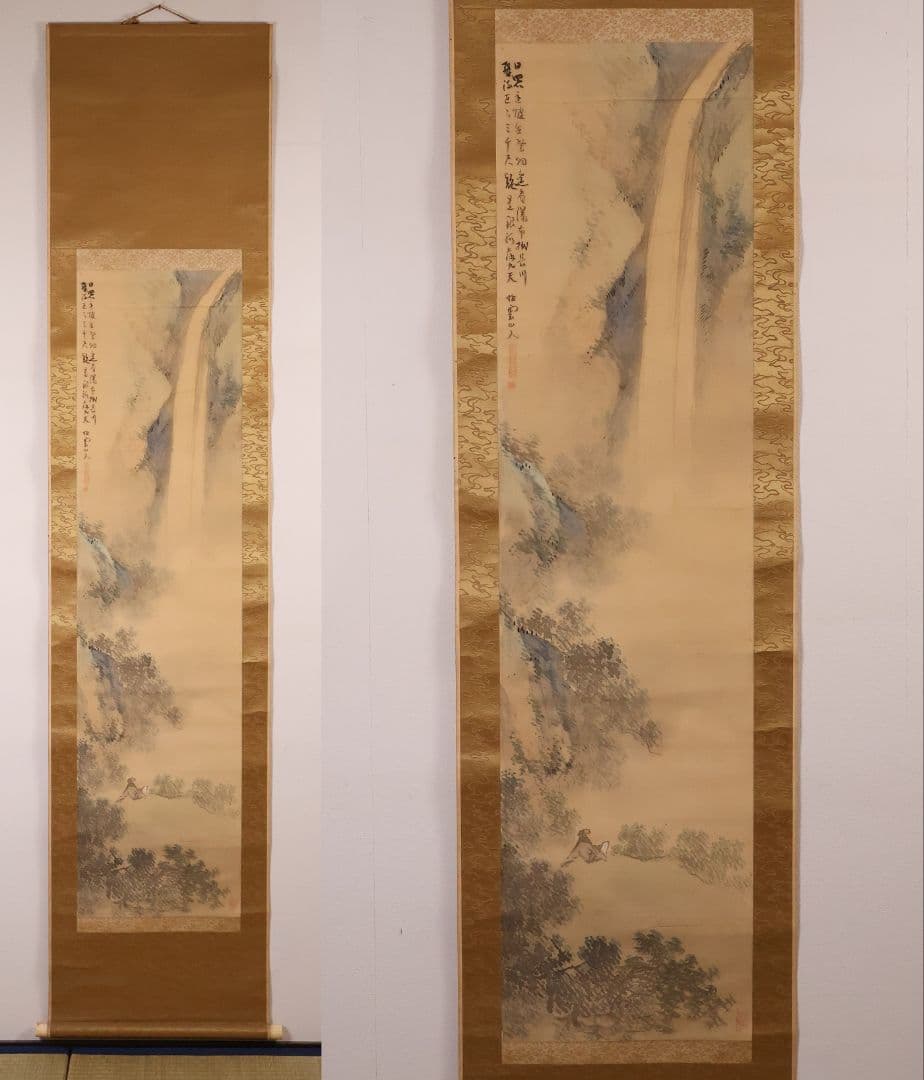 【模写】松雲山人 飛瀑図 滝 人物 山水 絹本 掛軸 彩色 MB130