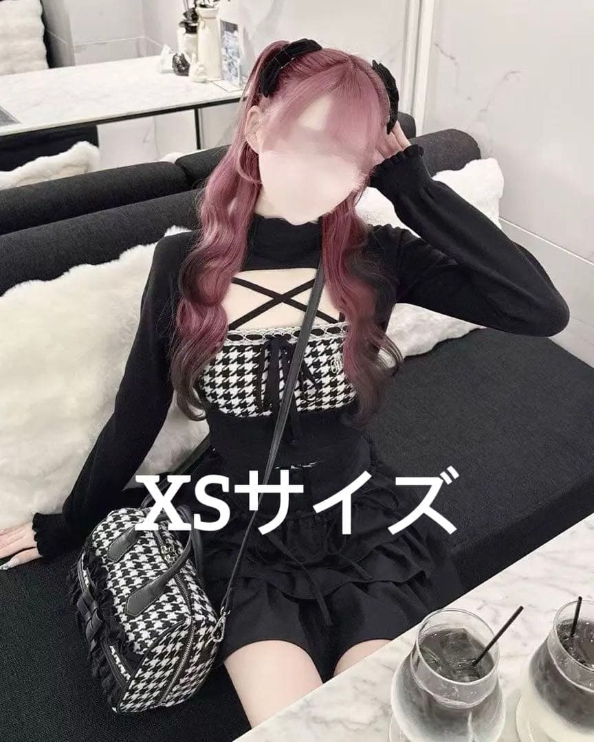 HONEYMEW 千鳥柄ハイネックアンサンブルトップス ブラック XSサイズ ミシェルマカロン イモ 千鳥柄ハイネックアンサンブルトップス ハニー