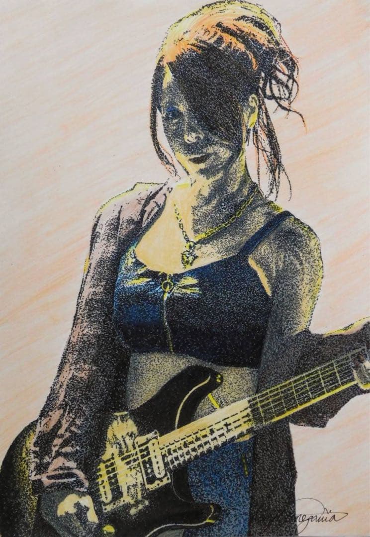 人物画　点描画　 「Female Guitarist」