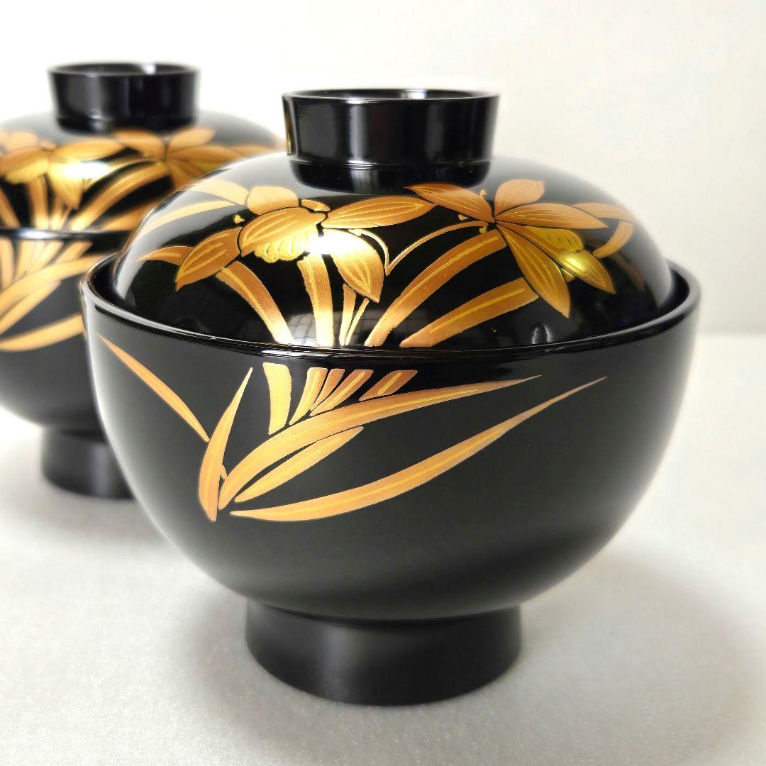 会津塗 漆器 金彩 蒔絵 蘭文様 蓋付きお吸物椀 5客 雑煮椀 汁椀 吸椀