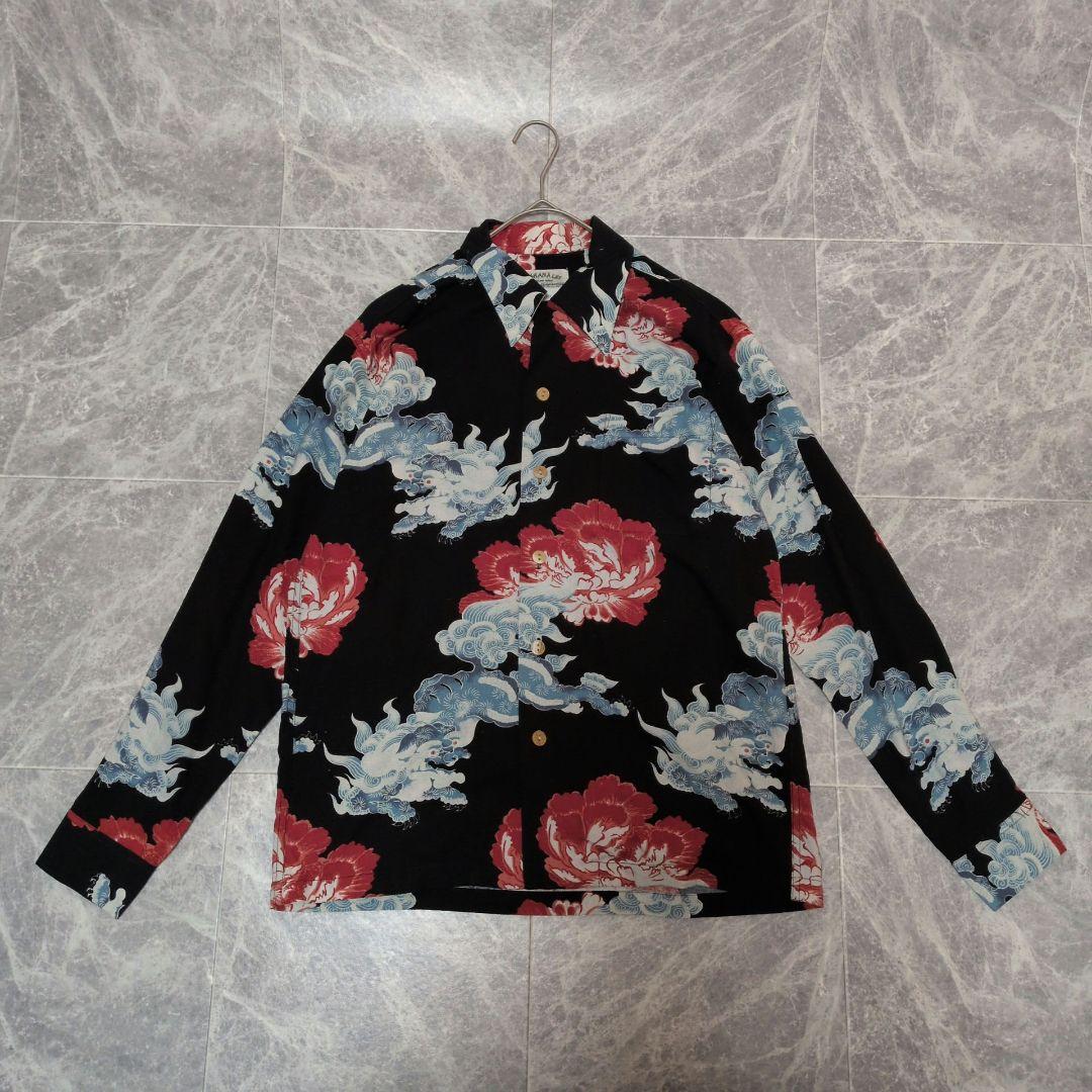 【未使用級】マカナレイ 長袖アロハシャツ M シルク 獅子 牡丹 和柄