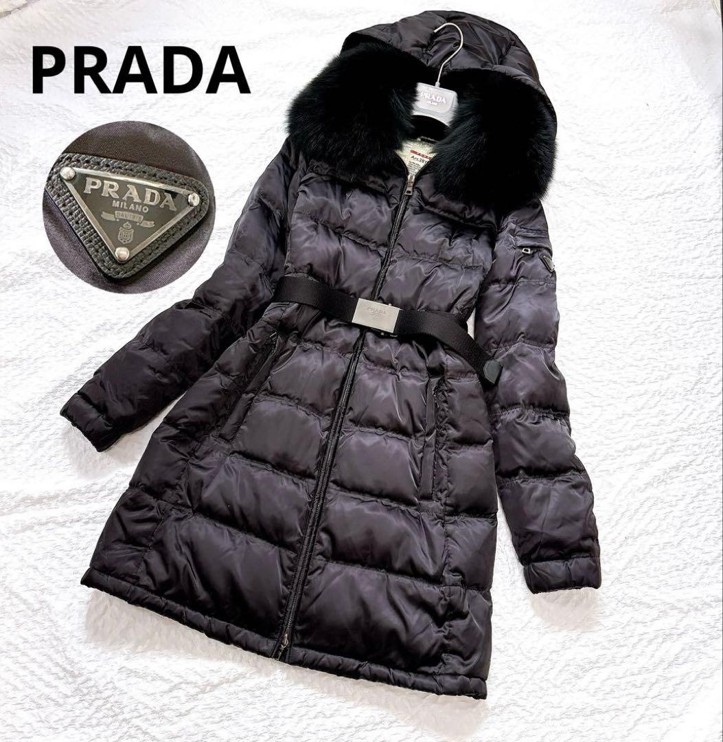 美品✨PRADA高級 ブルーフォックスファー　三角ロゴ　ベルト付き　ダウンコート