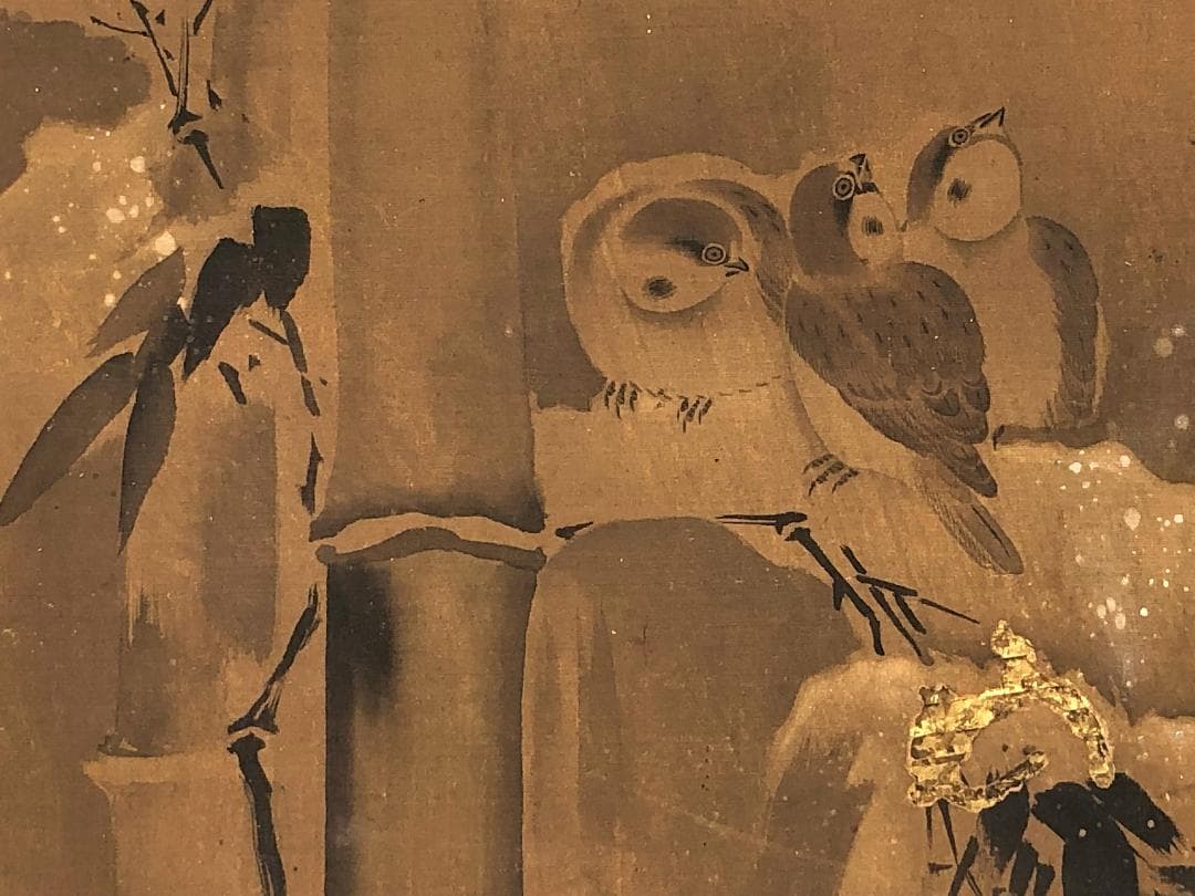 荒雹齋谷文中筆「雪中竹に雀」】肉筆扁額蔵出品N0805C