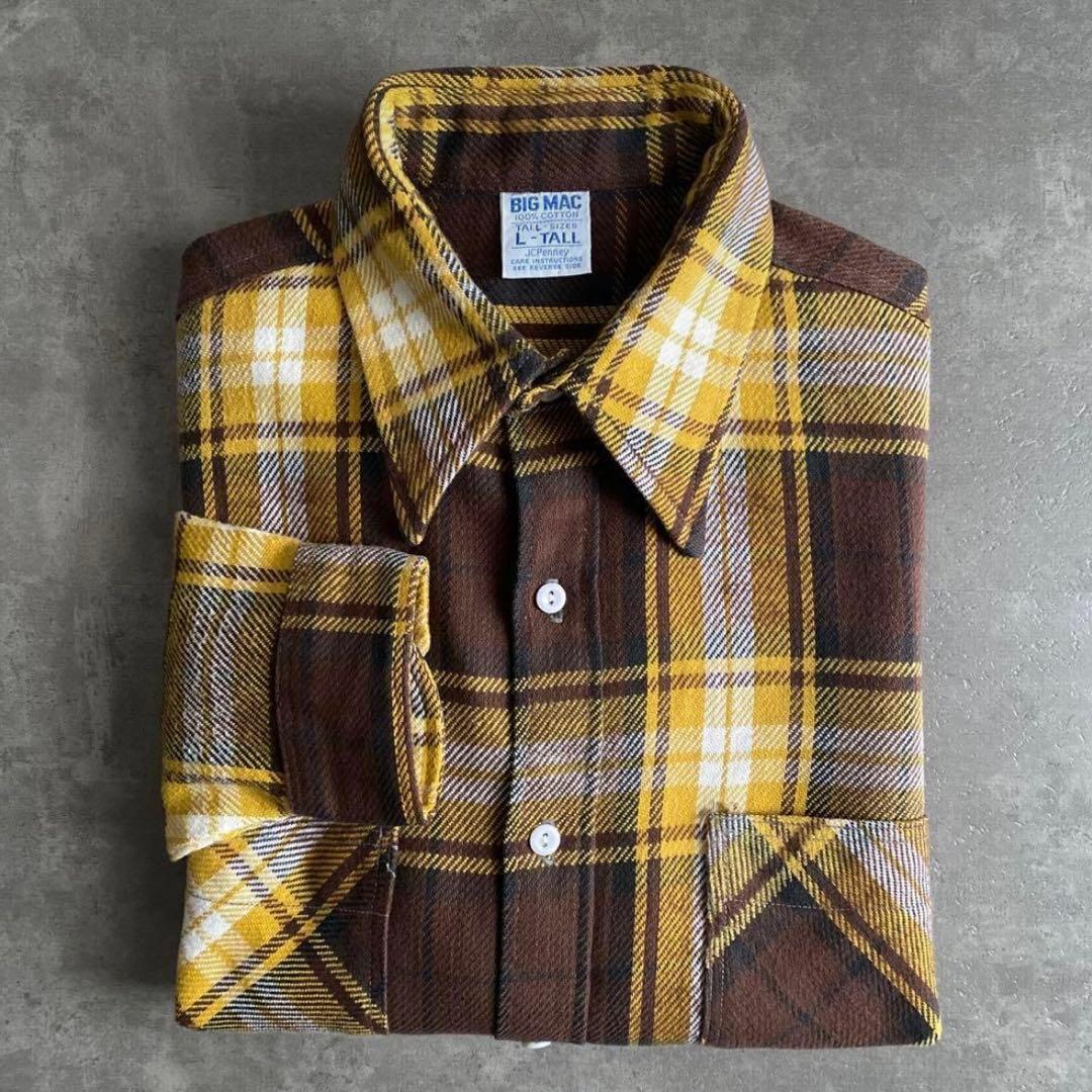 70s 単色タグ BIG MAC ネルシャツ 黄×茶 L TALL